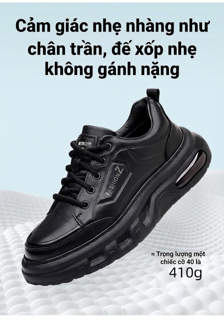 Giày Công Sở Nam Da Thật Thoáng Khí Đế Dày Chiều Cao Đế Khoảng 5cm Màu Đen chi tiết 5