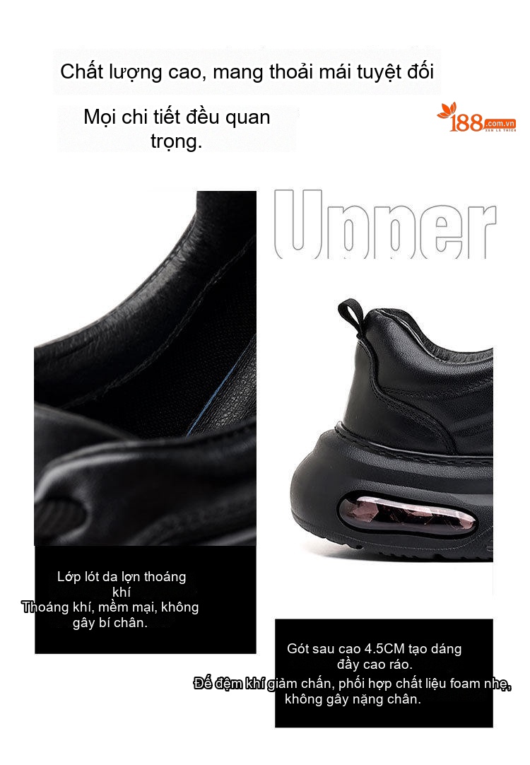 Giày Công Sở Nam Da Thật Thoáng Khí Đế Dày Chiều Cao Đế Khoảng 5cm Màu Đen chi tiết 6