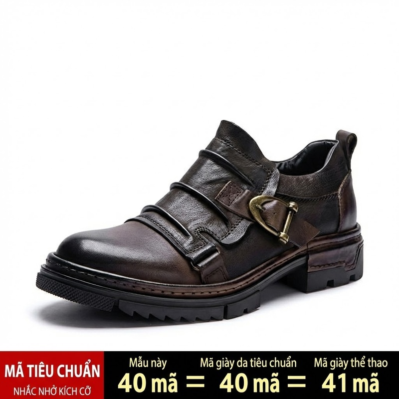 Giày Da Nam Da Bò Mũi Tròn Phong Cách Retro Chiều Cao Đế Khoảng 4cm Màu Đen, Nâu