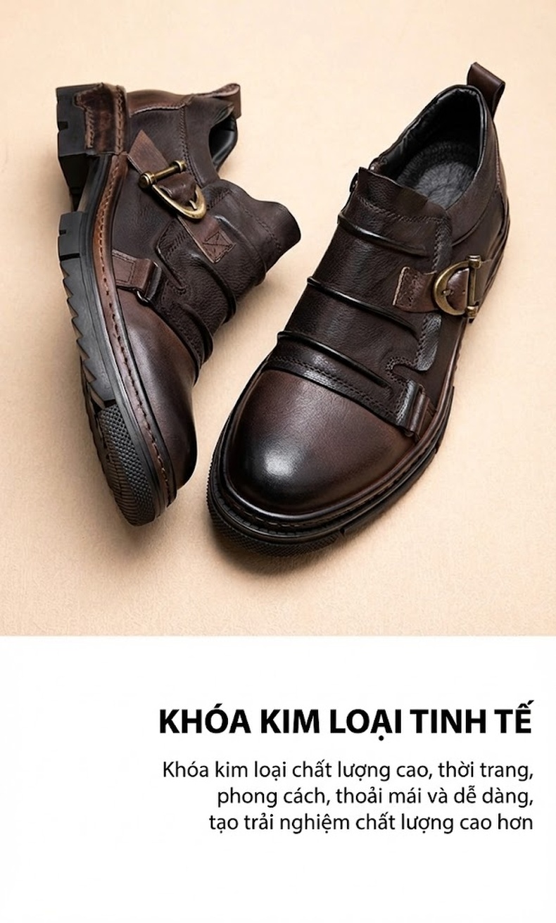 Giày Da Nam Da Bò Mũi Tròn Phong Cách Retro Chiều Cao Đế Khoảng 4cm Màu Đen, Nâu chi tiết 4