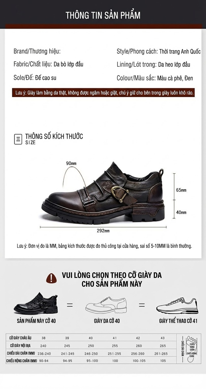 Giày Da Nam Da Bò Mũi Tròn Phong Cách Retro Chiều Cao Đế Khoảng 4cm Màu Đen, Nâu chi tiết 7