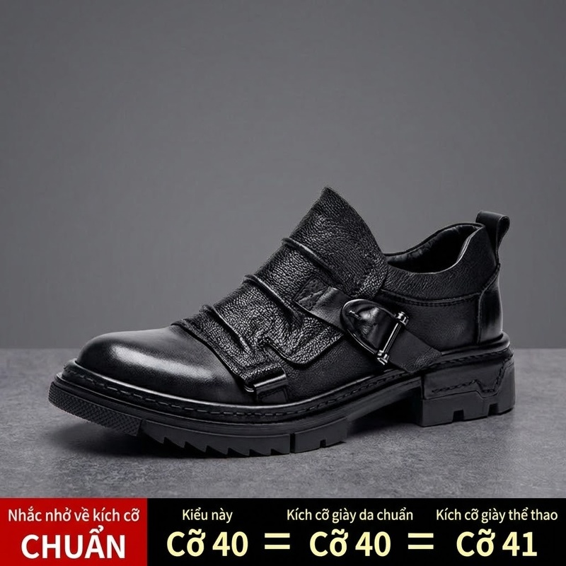 Giày Da Nam Da Bò Mũi Tròn Phong Cách Retro Chiều Cao Đế Khoảng 4cm Màu Đen, Nâu