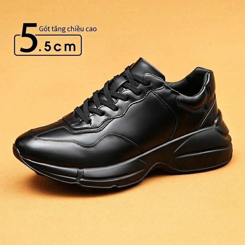 Giày Da Nam Thể Thao Da Bóng Đế Dày Chiều Cao Đế Khoảng 5cm Màu Đen