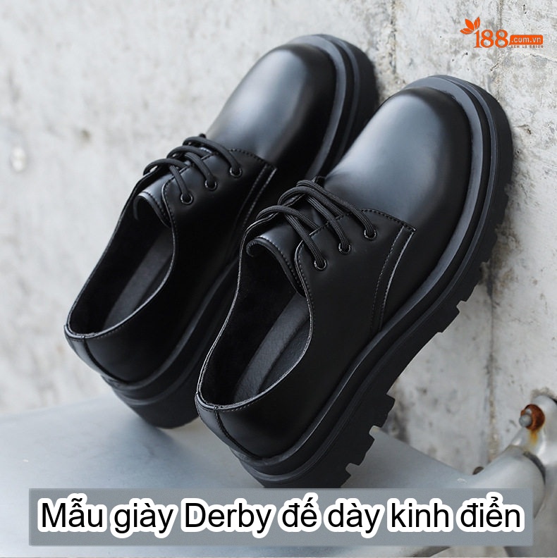 Giày Derby Buộc Dây Nam Da Thật Đế Cao Khoảng 4cm Màu Đen chi tiết 1