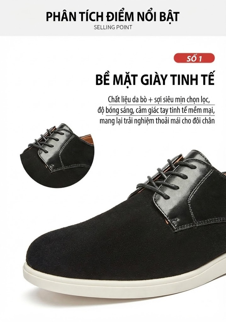 Giày Derby Nam Da Thật Da Mờ Buộc Dây Chiều Cao Đế Khoảng 3cm Màu Nâu, Đen chi tiết 6