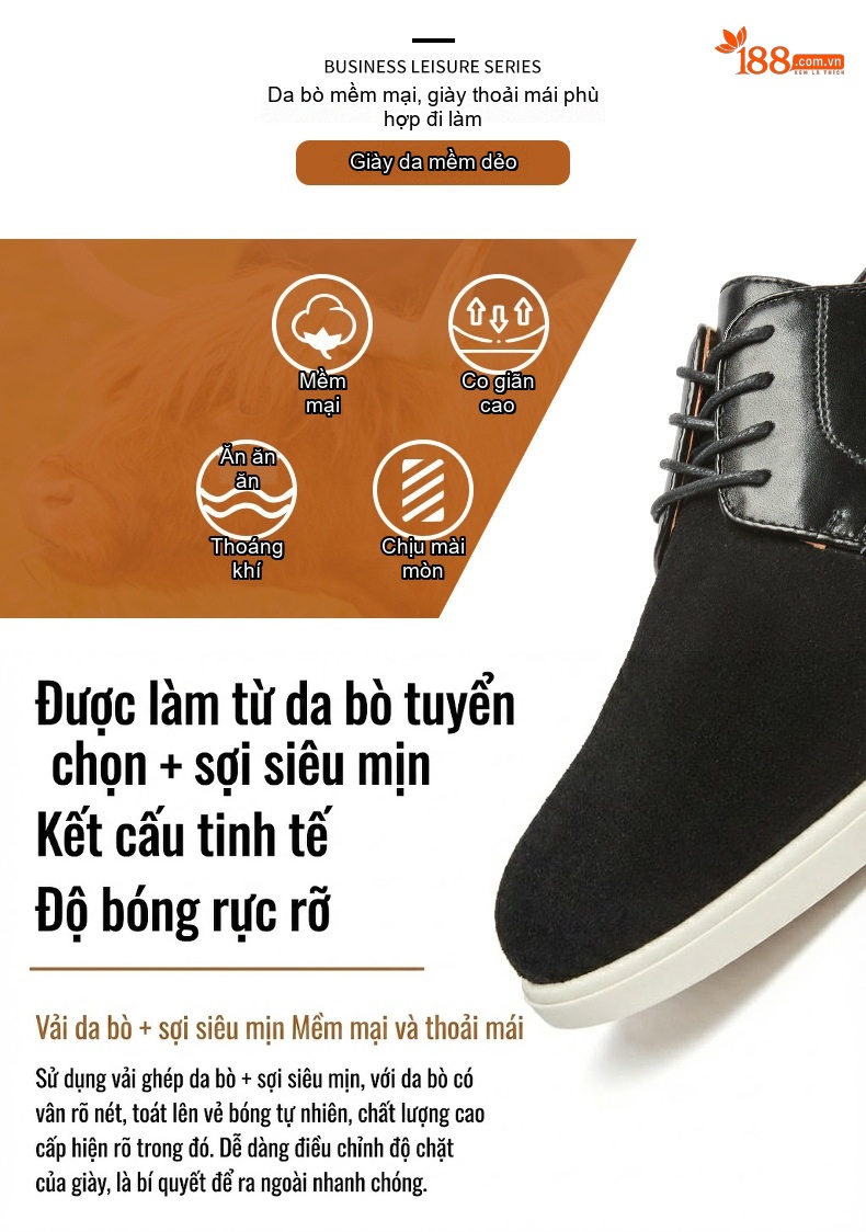 Giày Derby Nam Da Thật Da Mờ Buộc Dây Chiều Cao Đế Khoảng 3cm Màu Nâu, Đen chi tiết 2
