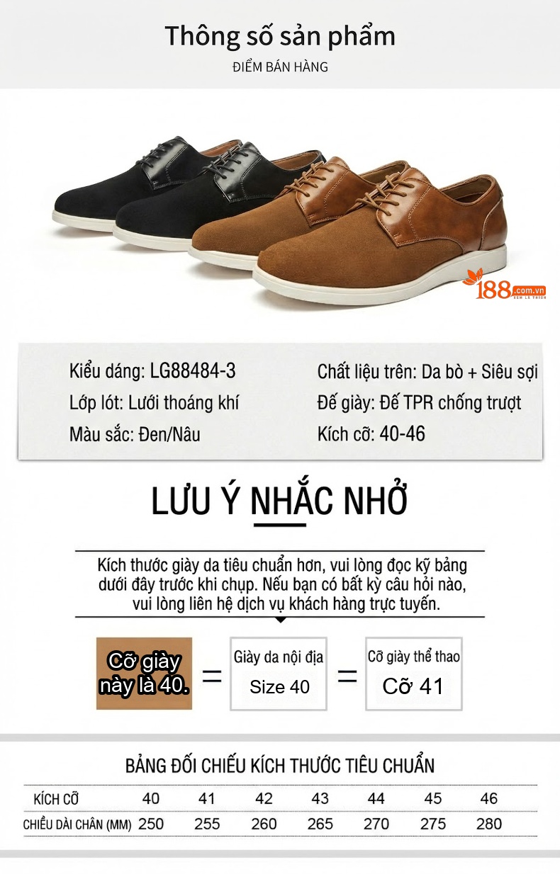 Giày Derby Nam Da Thật Da Mờ Buộc Dây Chiều Cao Đế Khoảng 3cm Màu Nâu, Đen chi tiết 5