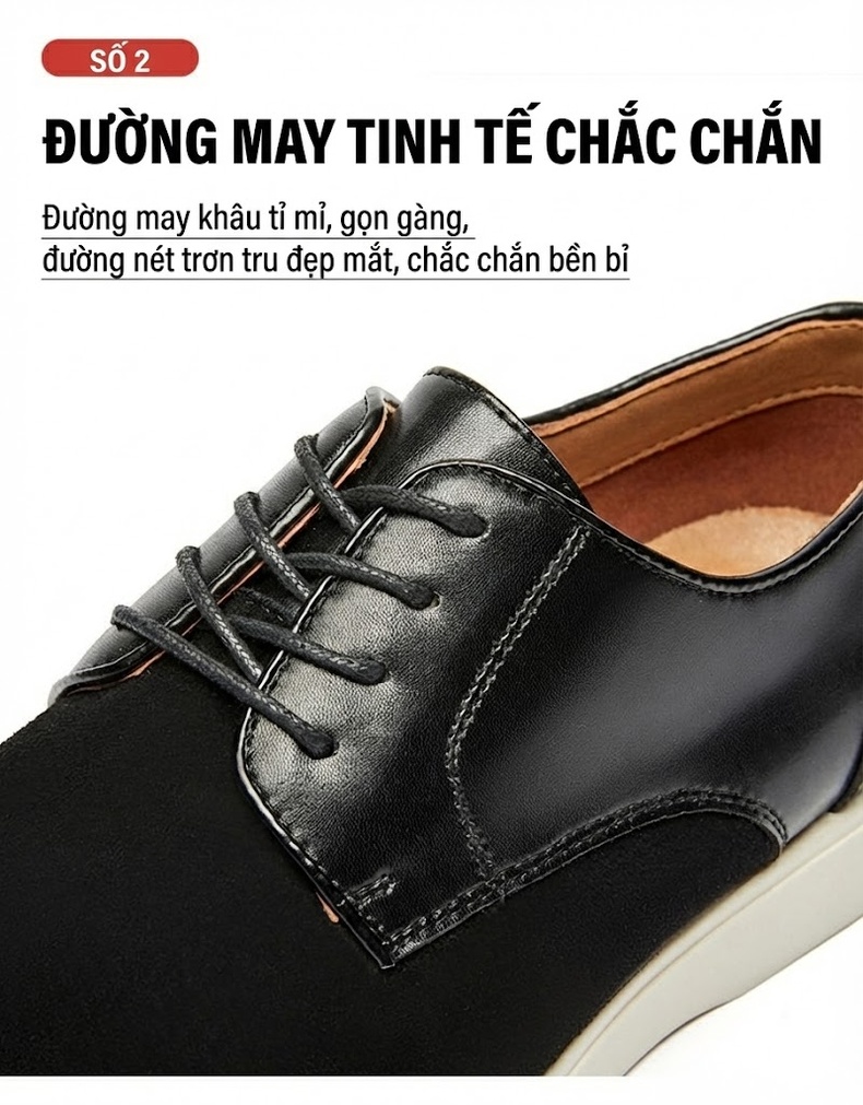 Giày Derby Nam Da Thật Da Mờ Buộc Dây Chiều Cao Đế Khoảng 3cm Màu Nâu, Đen chi tiết 7