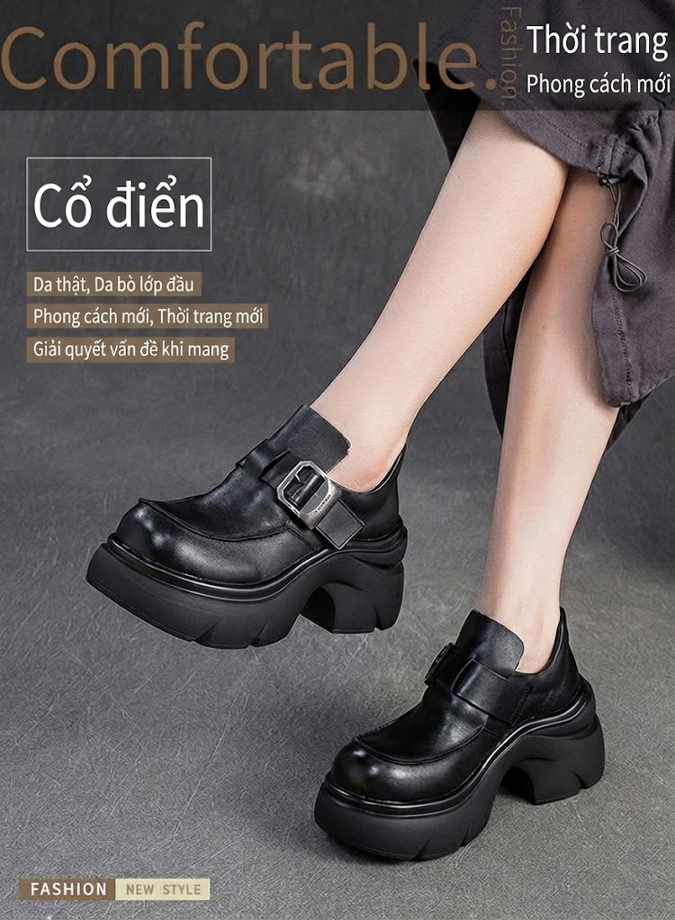 Giày Loafer Nữ Da Bò Đế Dày Phong Cách Anh Chiều Cao Đế Khoảng 5cm Màu Đen, Nâu chi tiết 1