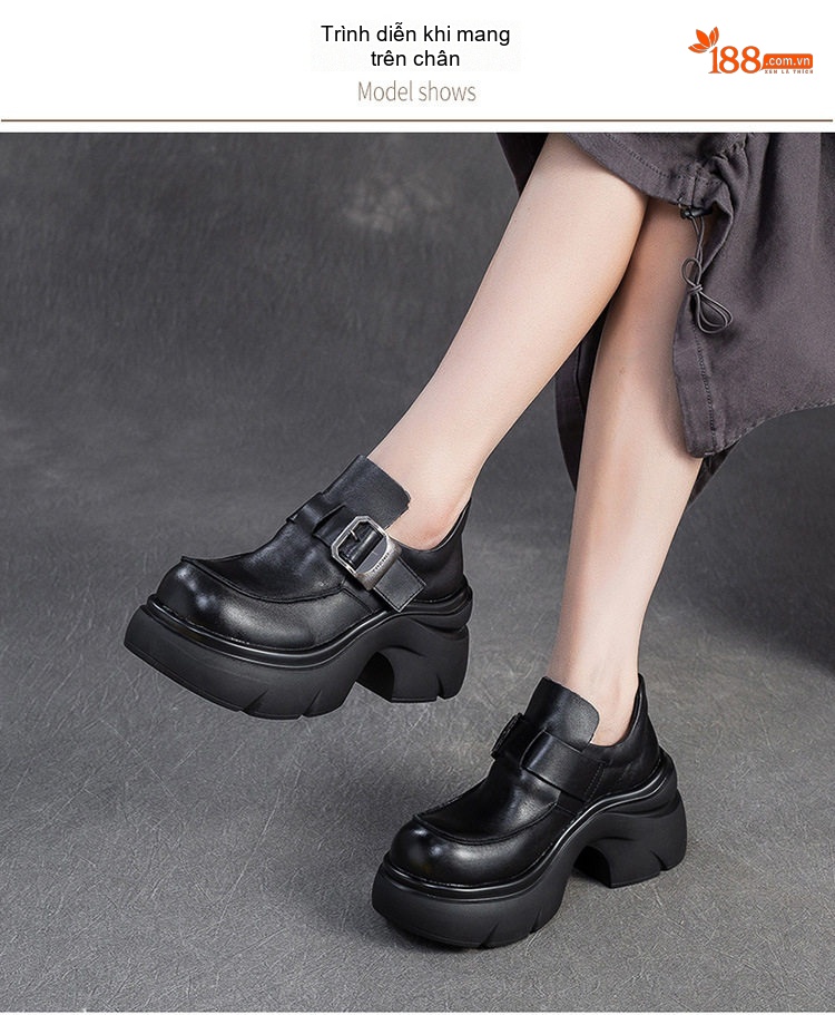 Giày Loafer Nữ Da Bò Đế Dày Phong Cách Anh Chiều Cao Đế Khoảng 5cm Màu Đen, Nâu chi tiết 6