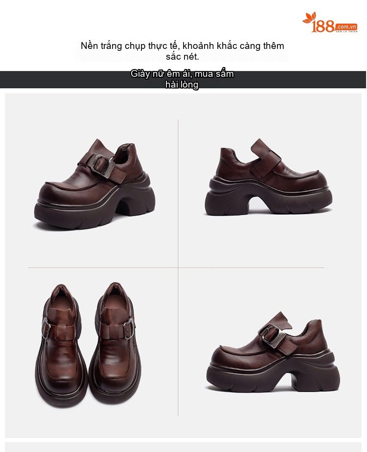 Giày Loafer Nữ Da Bò Đế Dày Phong Cách Anh Chiều Cao Đế Khoảng 5cm Màu Đen, Nâu chi tiết 15