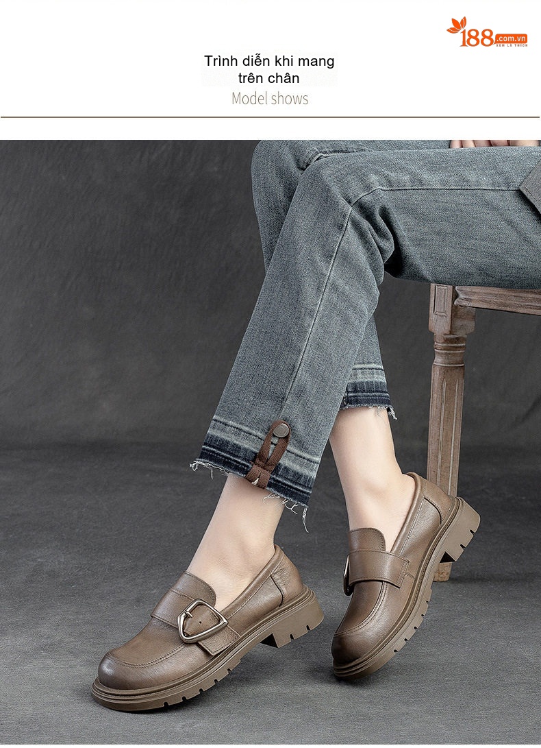 Giày Loafer Nữ Da Bò Mũi Tròn Khóa Kim Loại Chiều Cao Đế Khoảng 3cm Màu Đen, Nâu, Xám chi tiết 8