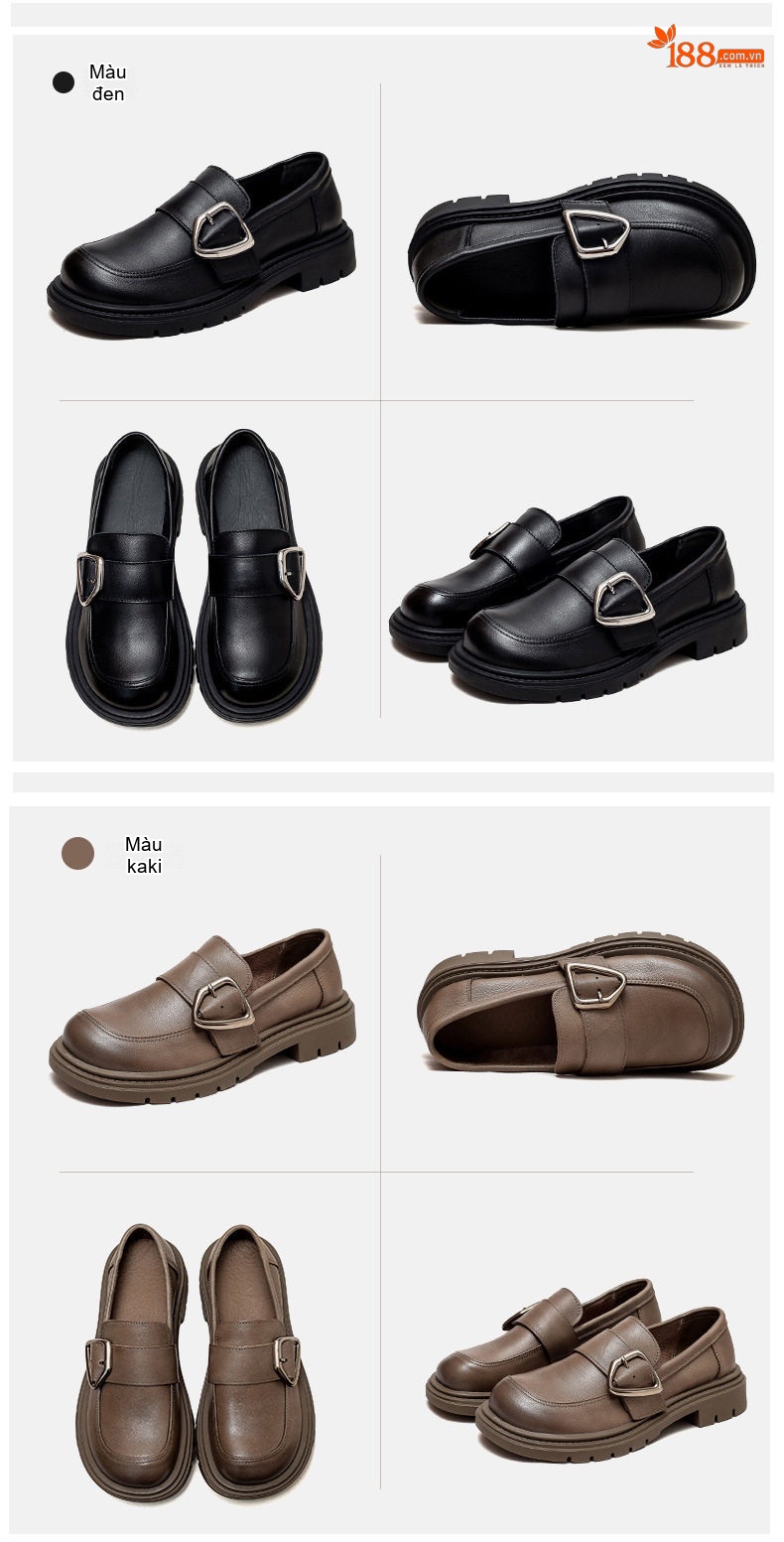 Giày Loafer Nữ Da Bò Mũi Tròn Khóa Kim Loại Chiều Cao Đế Khoảng 3cm Màu Đen, Nâu, Xám chi tiết 19
