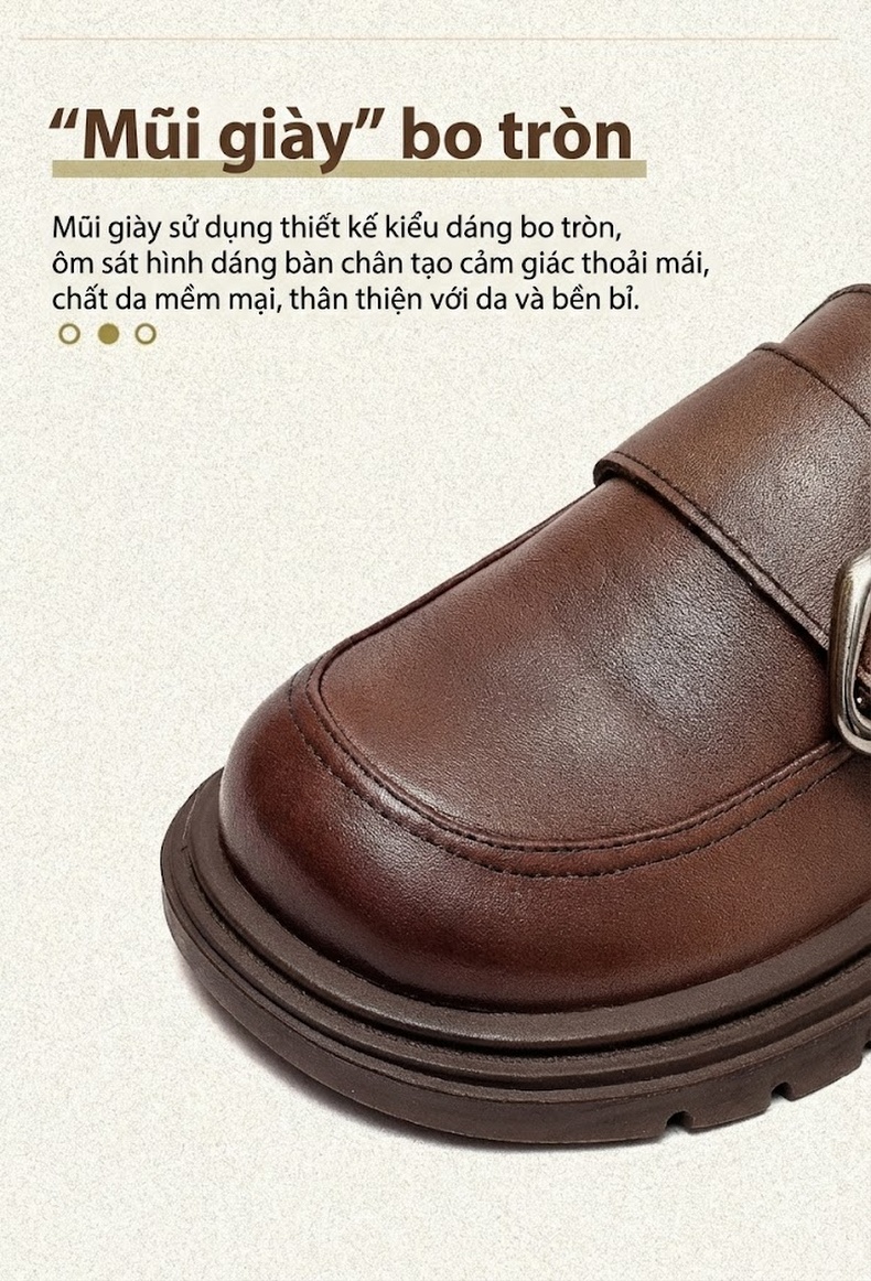 Giày Loafer Nữ Da Bò Mũi Tròn Khóa Kim Loại Chiều Cao Đế Khoảng 3cm Màu Đen, Nâu, Xám chi tiết 5