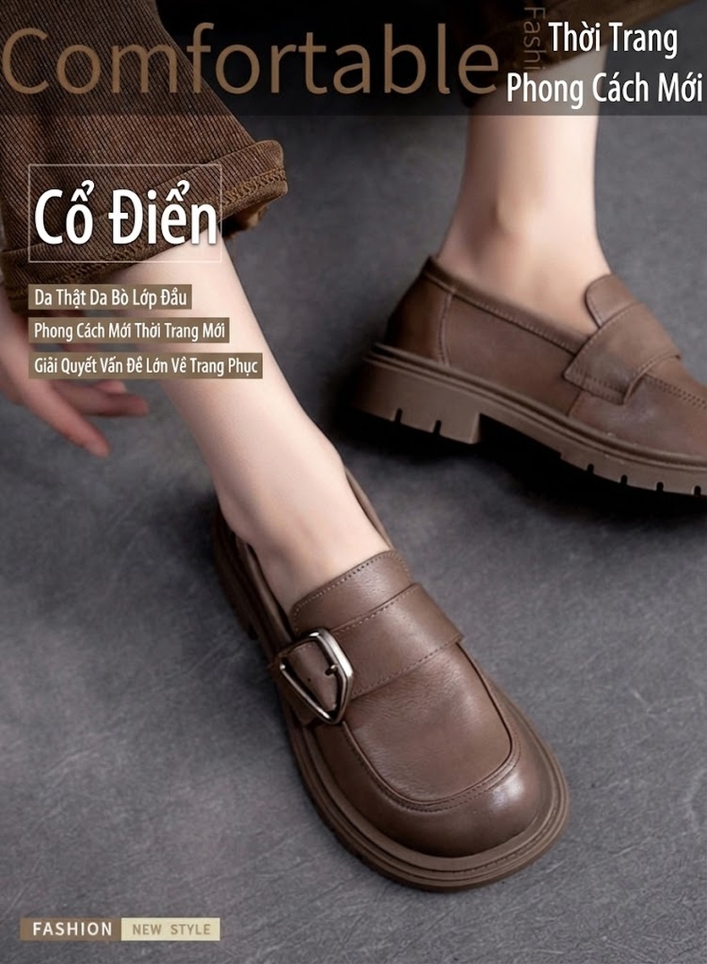 Giày Loafer Nữ Da Bò Mũi Tròn Khóa Kim Loại Chiều Cao Đế Khoảng 3cm Màu Đen, Nâu, Xám chi tiết 2