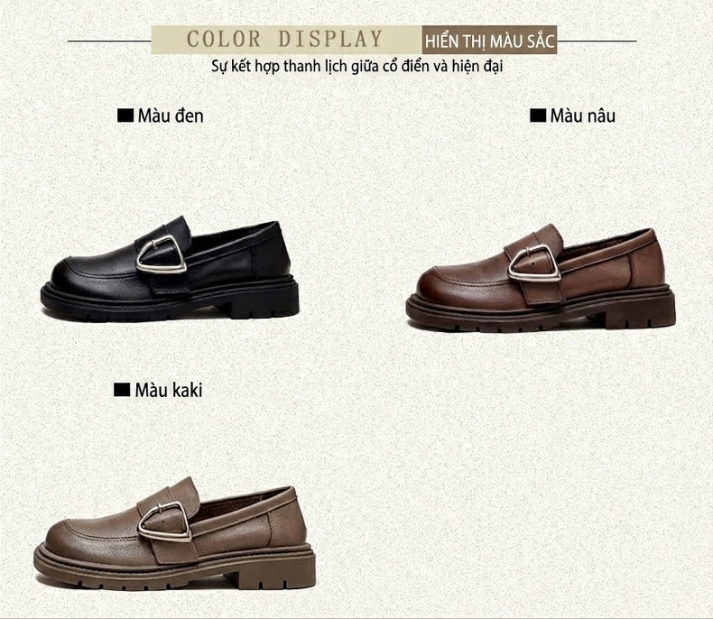 Giày Loafer Nữ Da Bò Mũi Tròn Khóa Kim Loại Chiều Cao Đế Khoảng 3cm Màu Đen, Nâu, Xám chi tiết 3