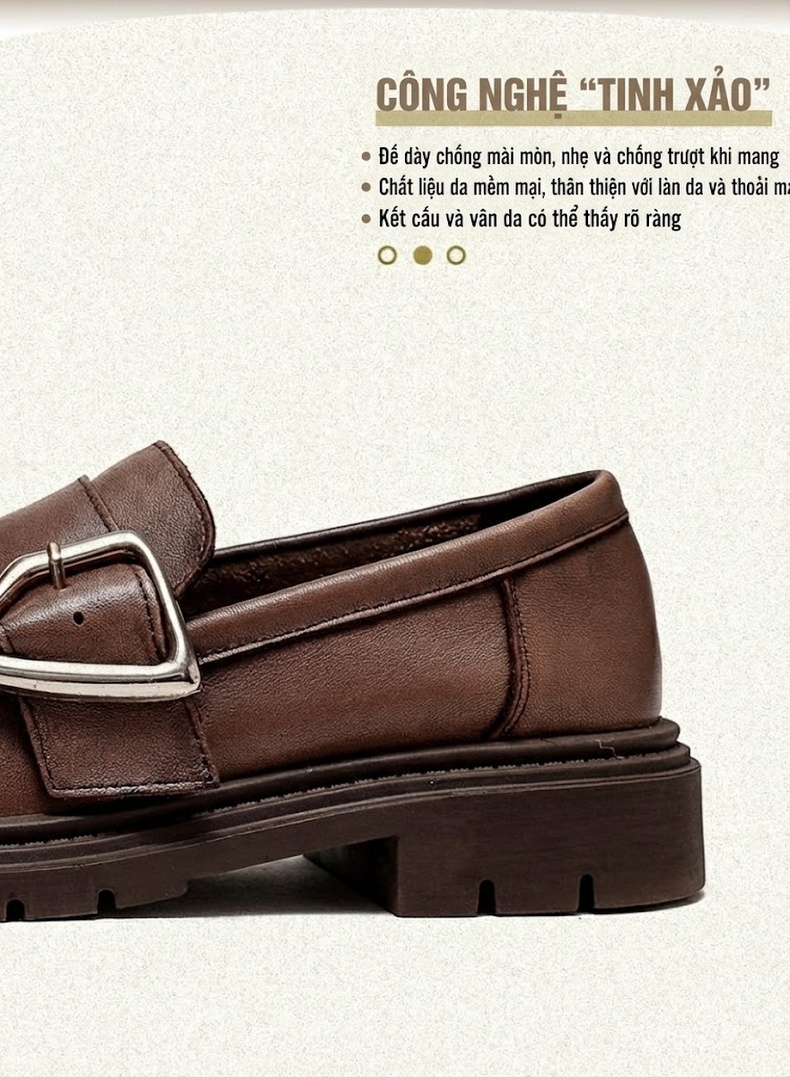 Giày Loafer Nữ Da Bò Mũi Tròn Khóa Kim Loại Chiều Cao Đế Khoảng 3cm Màu Đen, Nâu, Xám chi tiết 4