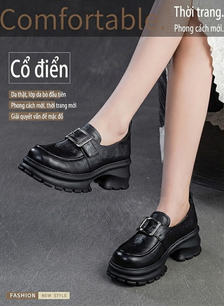 Giày Loafer Nữ Da Bóng Đế Bánh Mì Chiều Cao Đế Khoảng 5cm Màu Nâu, Đen chi tiết 1