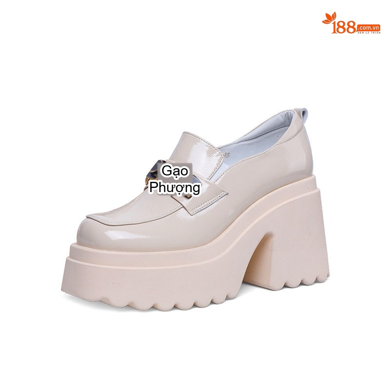Giày Loafer Nữ Da Bóng Đế Dày 10cm Phong Cách Anh Màu Đen, Kem