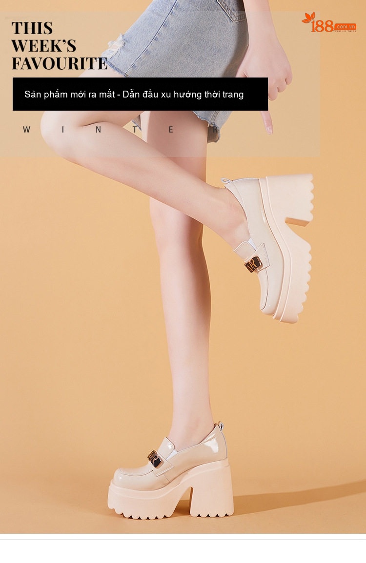Giày Loafer Nữ Da Bóng Đế Dày 10cm Phong Cách Anh Màu Đen, Kem chi tiết 1
