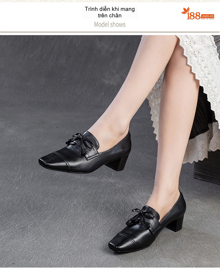 Giày Loafer Nữ Da Bóng Mũi Vuông Chiều Cao Đế Khoảng 5cm Màu Đen, Nâu chi tiết 7