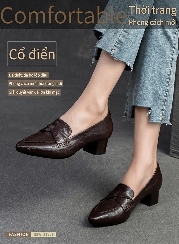 Giày Loafer Nữ Da Cừu Mũi Nhọn Chiều Cao Đế Khoảng 5cm Màu Đen, Nâu chi tiết 1