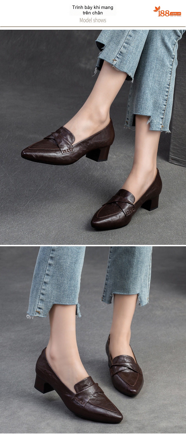 Giày Loafer Nữ Da Cừu Mũi Nhọn Chiều Cao Đế Khoảng 5cm Màu Đen, Nâu chi tiết 6
