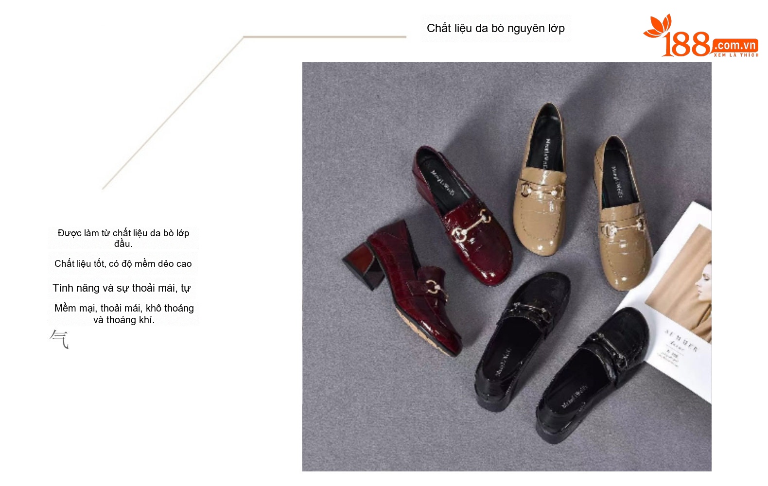 Giày Loafer Nữ Da Thật Gót Vuông Chiều Cao Đế Khoảng 5cm Màu Đen, Đỏ, Nâu chi tiết 9
