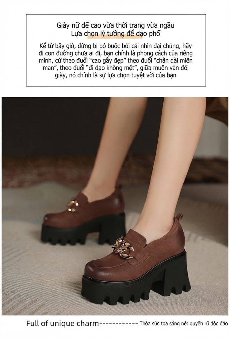 Giày Loafer Nữ Đế Bánh Mì Phong Cách Anh Quốc Chiều Cao Đế Khoảng 6cm Màu Đen, Nâu chi tiết 2