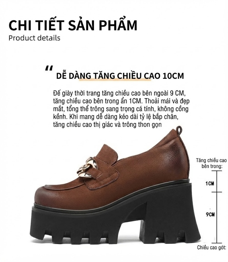 Giày Loafer Nữ Đế Bánh Mì Phong Cách Anh Quốc Chiều Cao Đế Khoảng 6cm Màu Đen, Nâu chi tiết 3