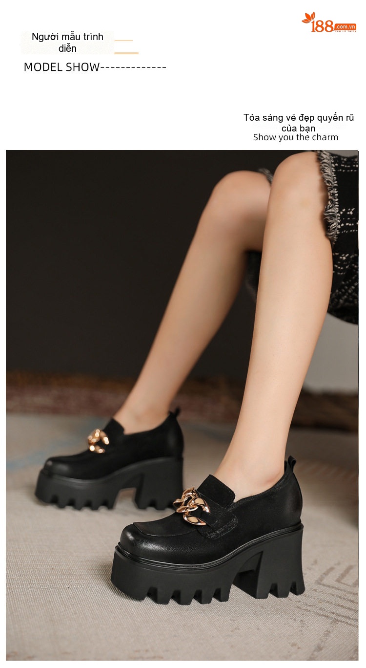 Giày Loafer Nữ Đế Bánh Mì Phong Cách Anh Quốc Chiều Cao Đế Khoảng 6cm Màu Đen, Nâu chi tiết 4