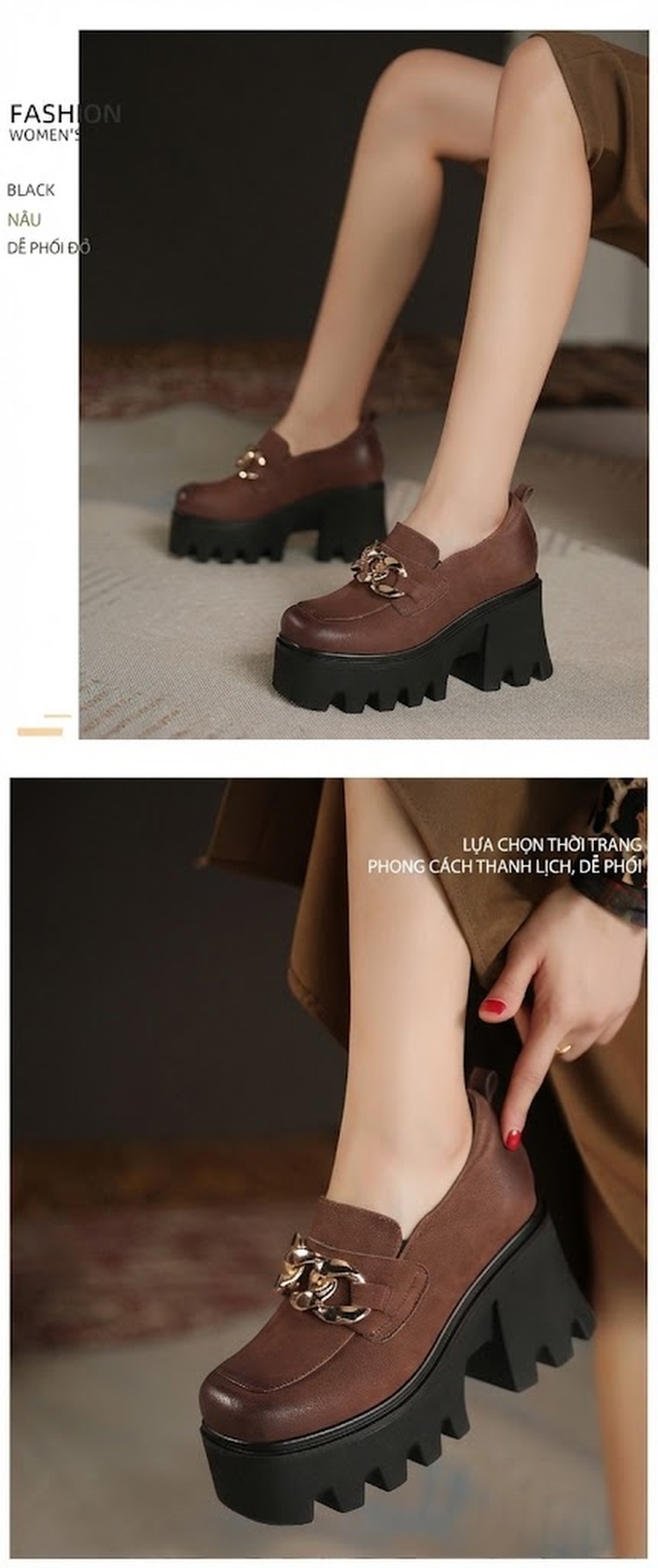 Giày Loafer Nữ Đế Bánh Mì Phong Cách Anh Quốc Chiều Cao Đế Khoảng 6cm Màu Đen, Nâu chi tiết 7