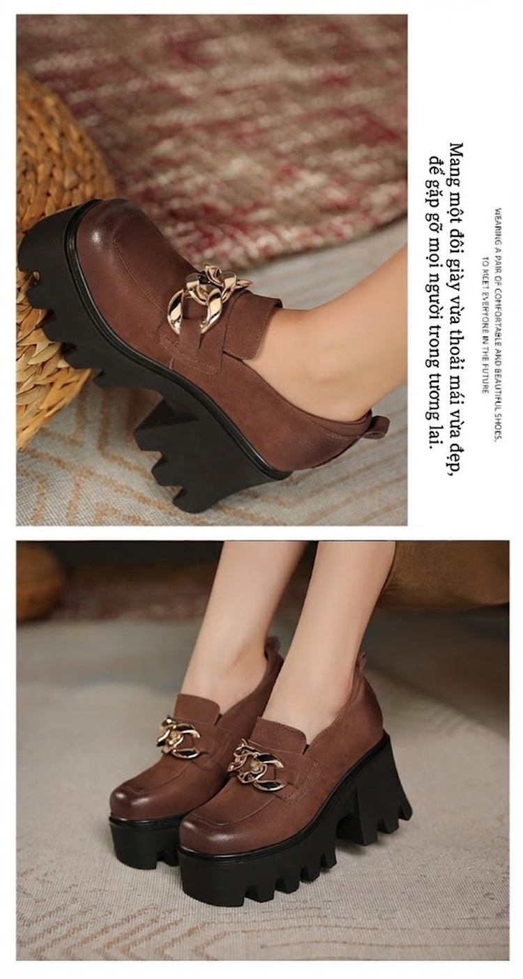 Giày Loafer Nữ Đế Bánh Mì Phong Cách Anh Quốc Chiều Cao Đế Khoảng 6cm Màu Đen, Nâu chi tiết 9
