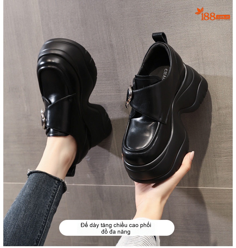 Giày Loafer Nữ Đế Cao 8cm Da Bóng Tăng Chiều Cao Màu Đen, Nâu chi tiết 1