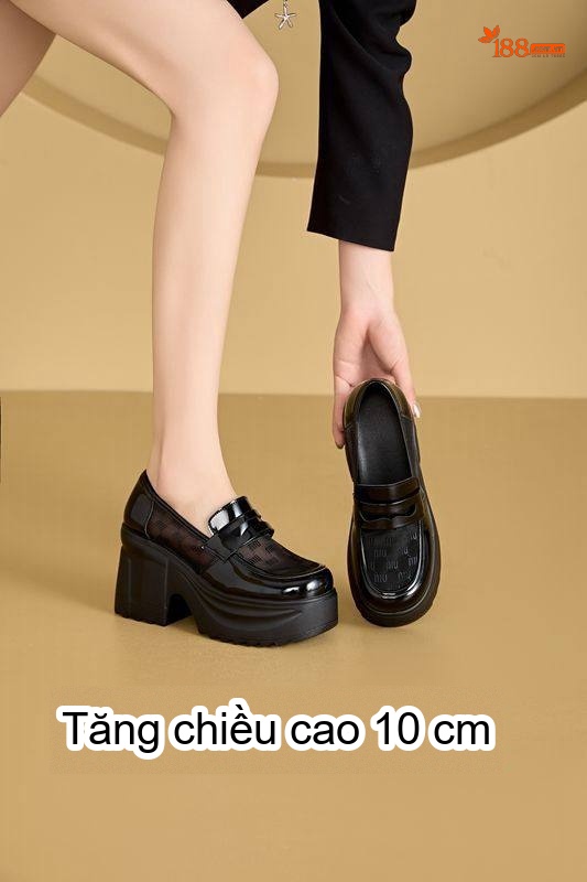 Giày Loafer Nữ Đế Xuồng Cao Gót Chiều Cao Đế Khoảng 10cm Da Bóng Lưới Thoáng Khí Màu Trắng, Đen chi tiết 3