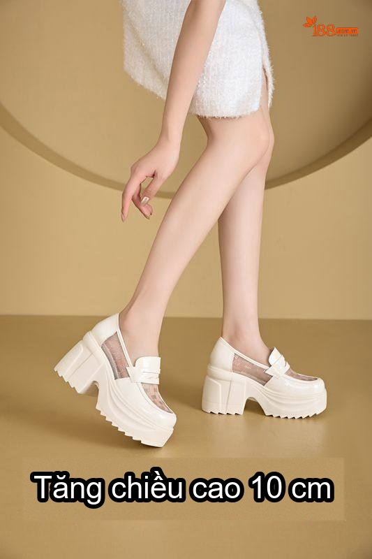 Giày Loafer Nữ Đế Xuồng Cao Gót Chiều Cao Đế Khoảng 10cm Da Bóng Lưới Thoáng Khí Màu Trắng, Đen chi tiết 13