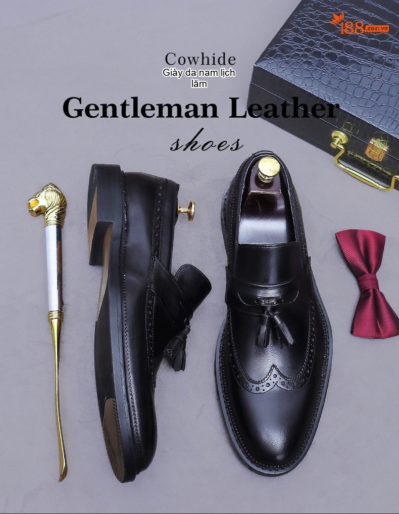 Giày Lười Brogue Nam Da Bò Chiều Cao Đế Khoảng 3cm Màu Đen, Nâu chi tiết 1