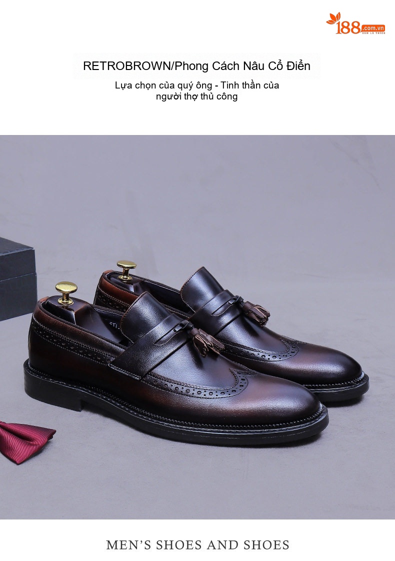 Giày Lười Brogue Nam Da Bò Chiều Cao Đế Khoảng 3cm Màu Đen, Nâu chi tiết 9