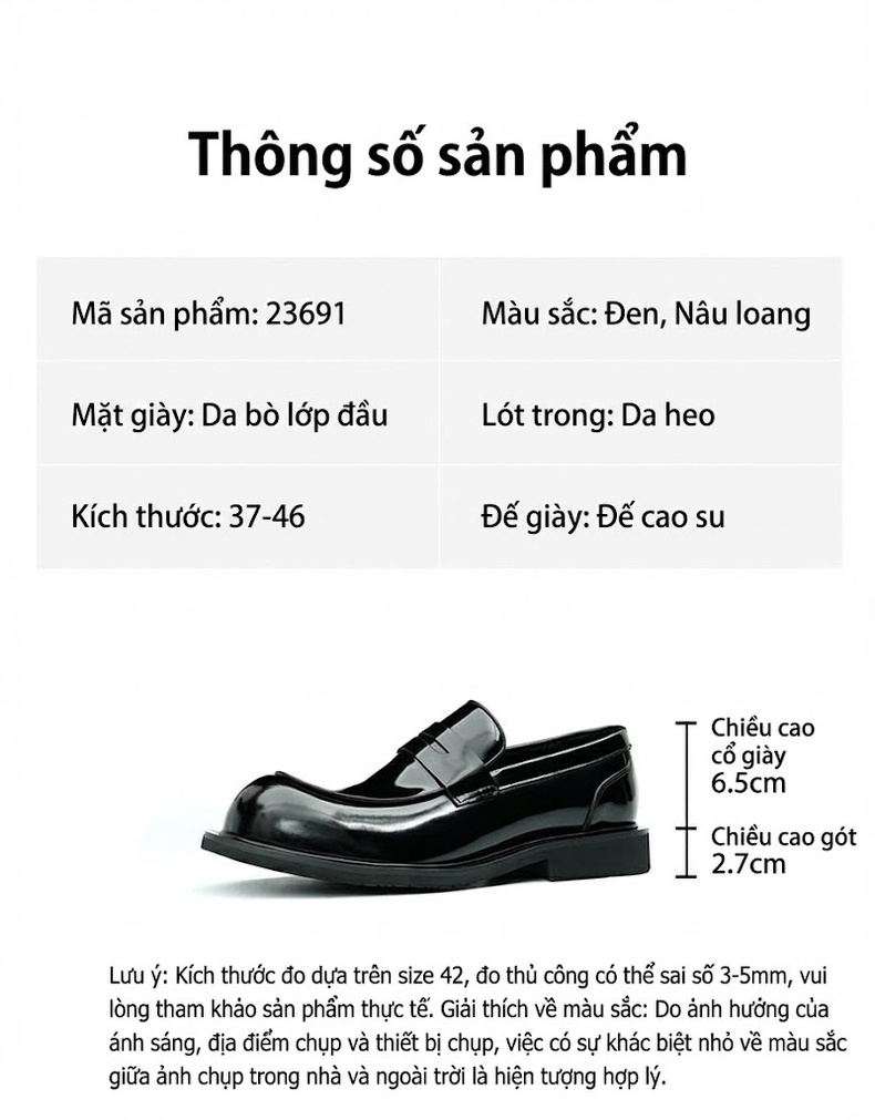 Giày Lười Nam Chân To Bề Mặt Da Bóng Mũi Tròn Phong Cách Anh Chiều Cao Đế Khoảng 3cm Màu Đen chi tiết 2