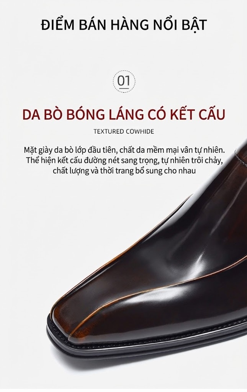 Giày Lười Nam Da Bò Bóng Chiều Cao Đế Khoảng 3cm Màu Đen chi tiết 3