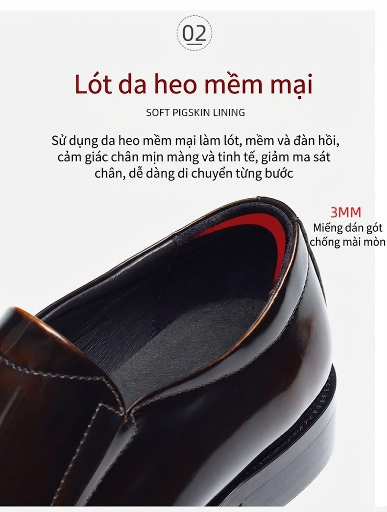 Giày Lười Nam Da Bò Bóng Chiều Cao Đế Khoảng 3cm Màu Đen chi tiết 4
