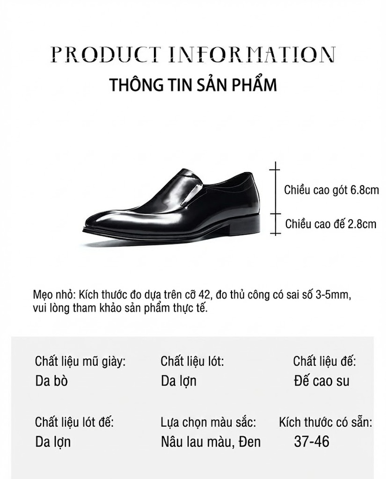 Giày Lười Nam Da Bò Bóng Chiều Cao Đế Khoảng 3cm Màu Đen chi tiết 6