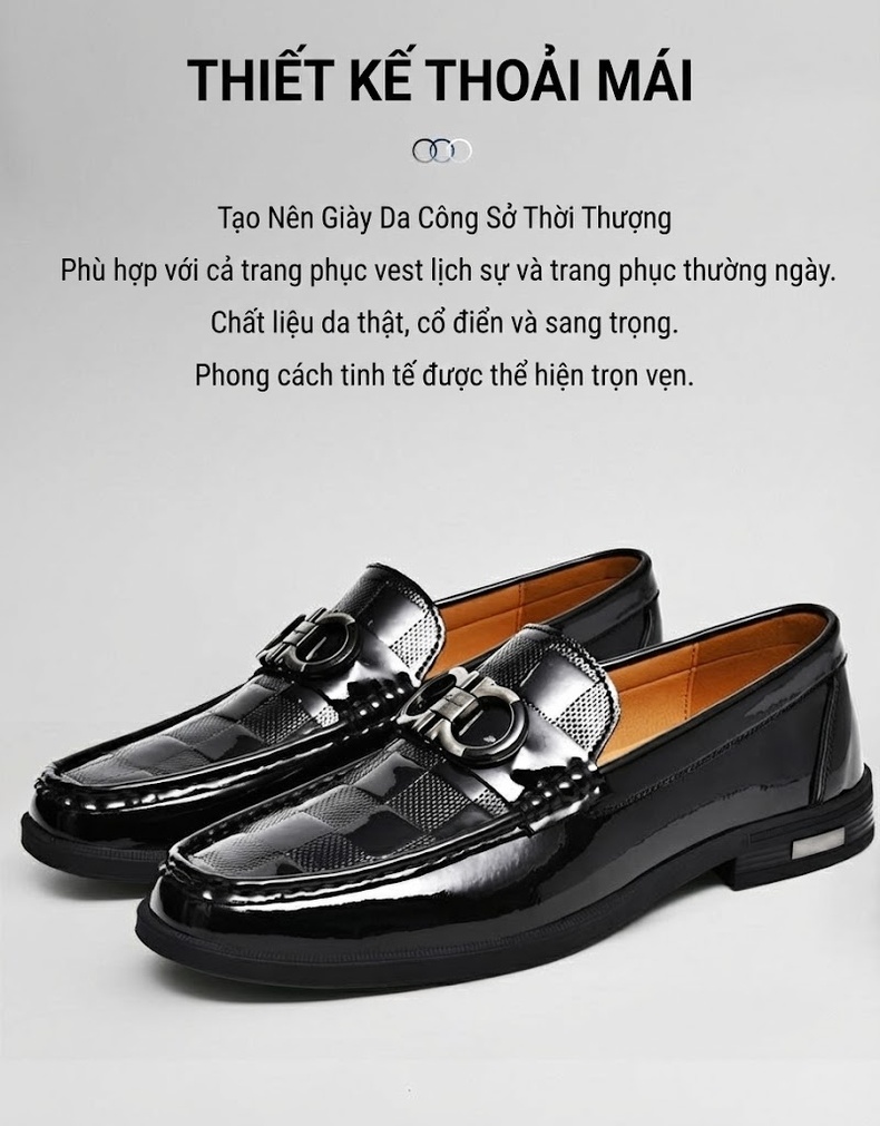 Giày Lười Nam Da Bò Bóng Chiều Cao Đế Khoảng 3cm Màu Đen chi tiết 2