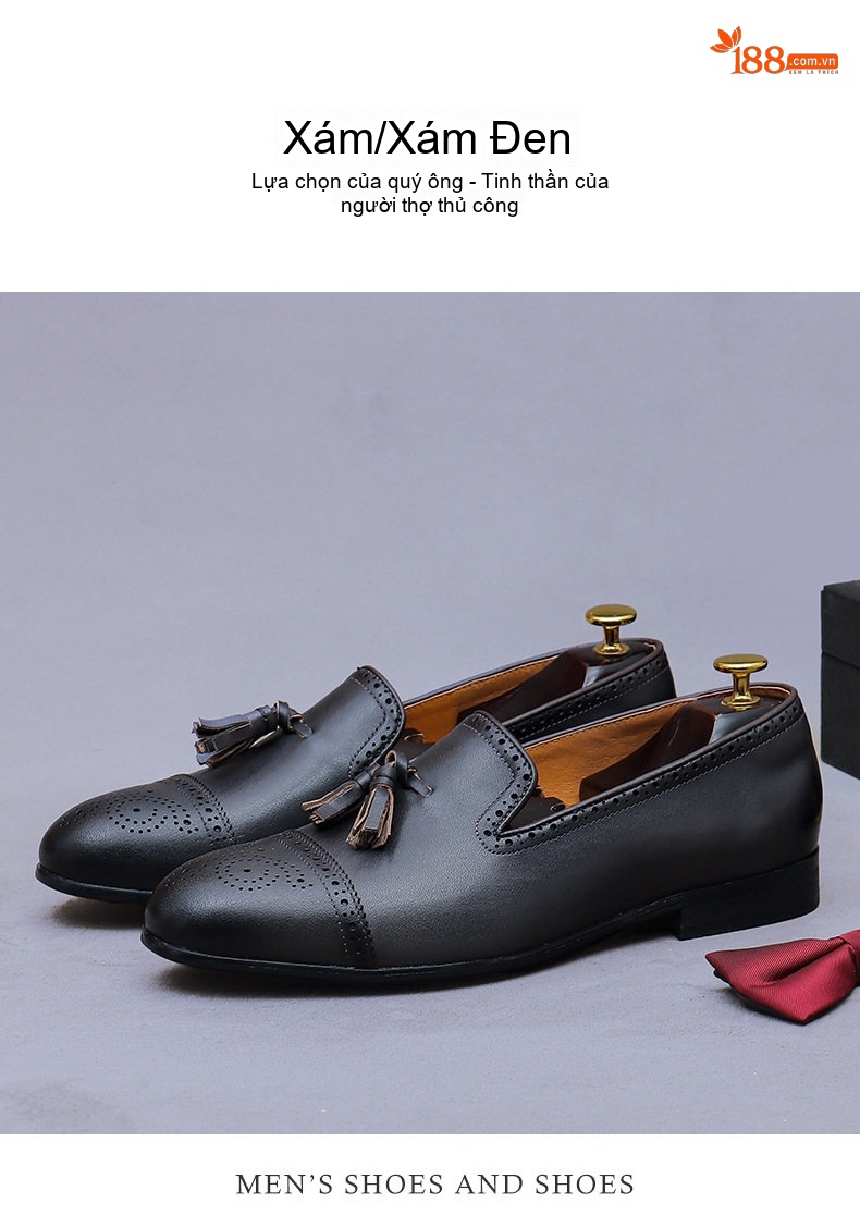 Giày Lười Nam Da Bò Brogue Tua Rua Chiều Cao Đế Khoảng 3cm Màu Nâu, Đen chi tiết 2