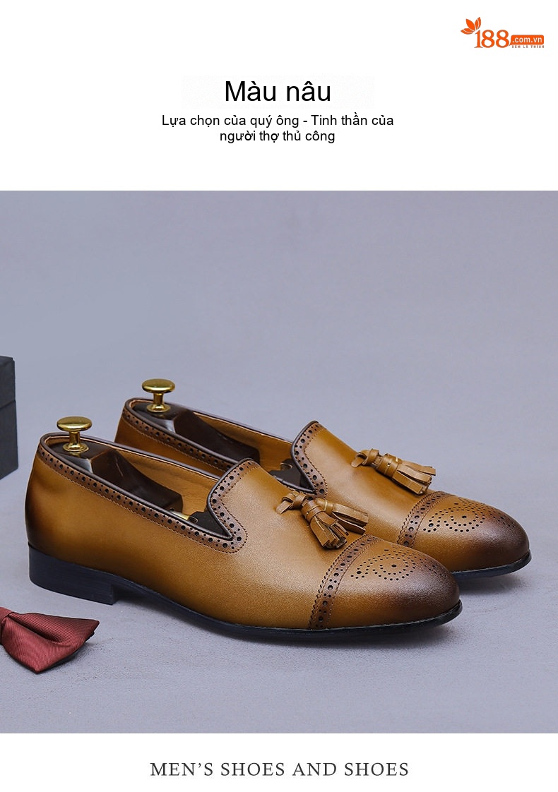 Giày Lười Nam Da Bò Brogue Tua Rua Chiều Cao Đế Khoảng 3cm Màu Nâu, Đen chi tiết 9