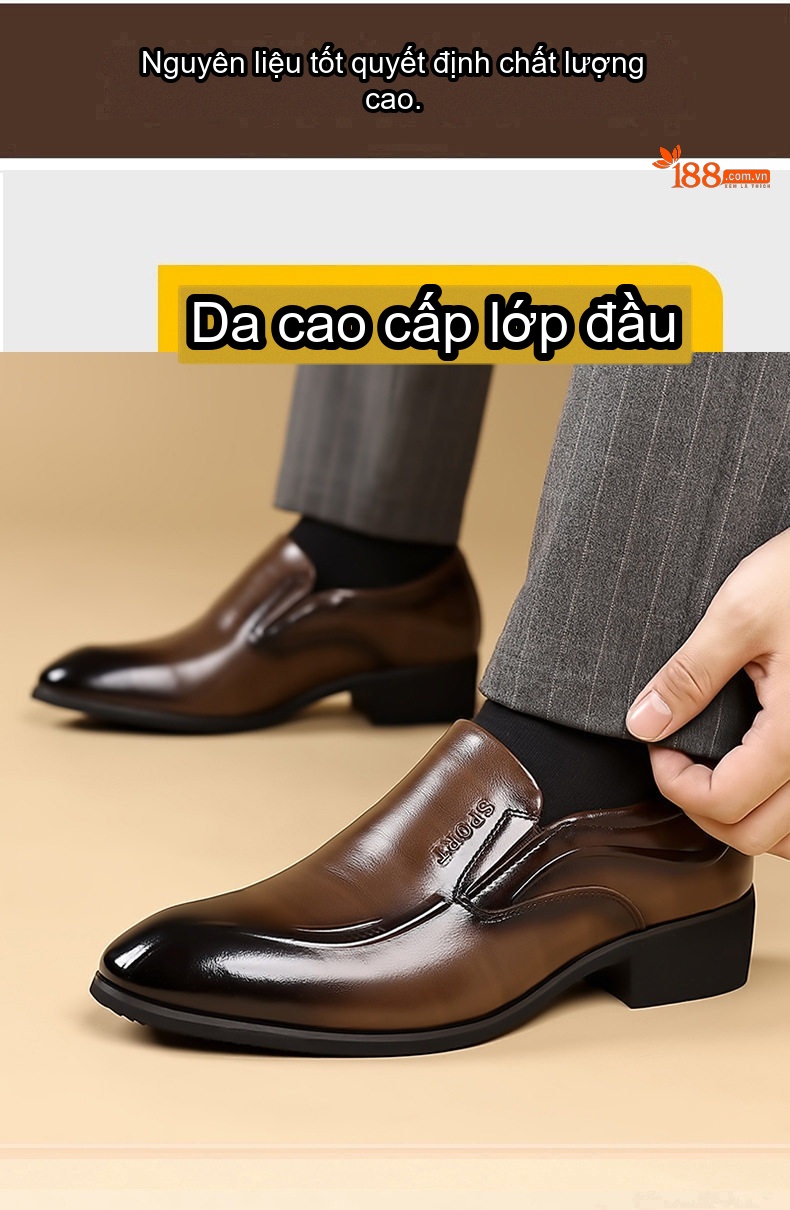 Giày Lười Nam Da Bò Chiều Cao Đế 4cm Màu Đen, Nâu chi tiết 7