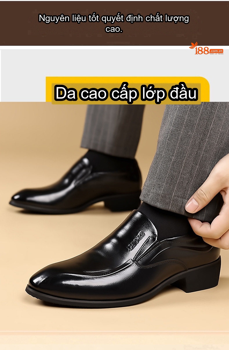 Giày Lười Nam Da Bò Chiều Cao Đế 4cm Màu Đen, Nâu chi tiết 8