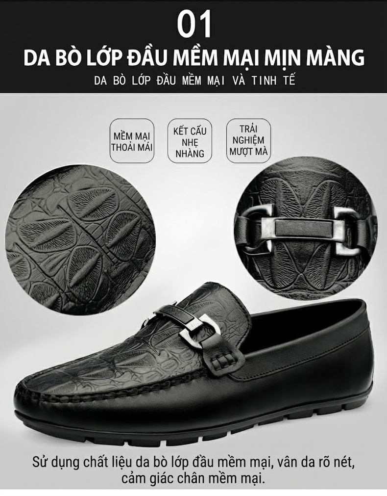 Giày Lười Nam Da Bò Chiều Cao Đế Khoảng 2cm Màu Đen chi tiết 8