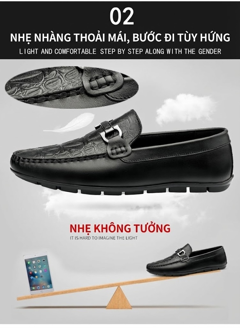 Giày Lười Nam Da Bò Chiều Cao Đế Khoảng 2cm Màu Đen chi tiết 9