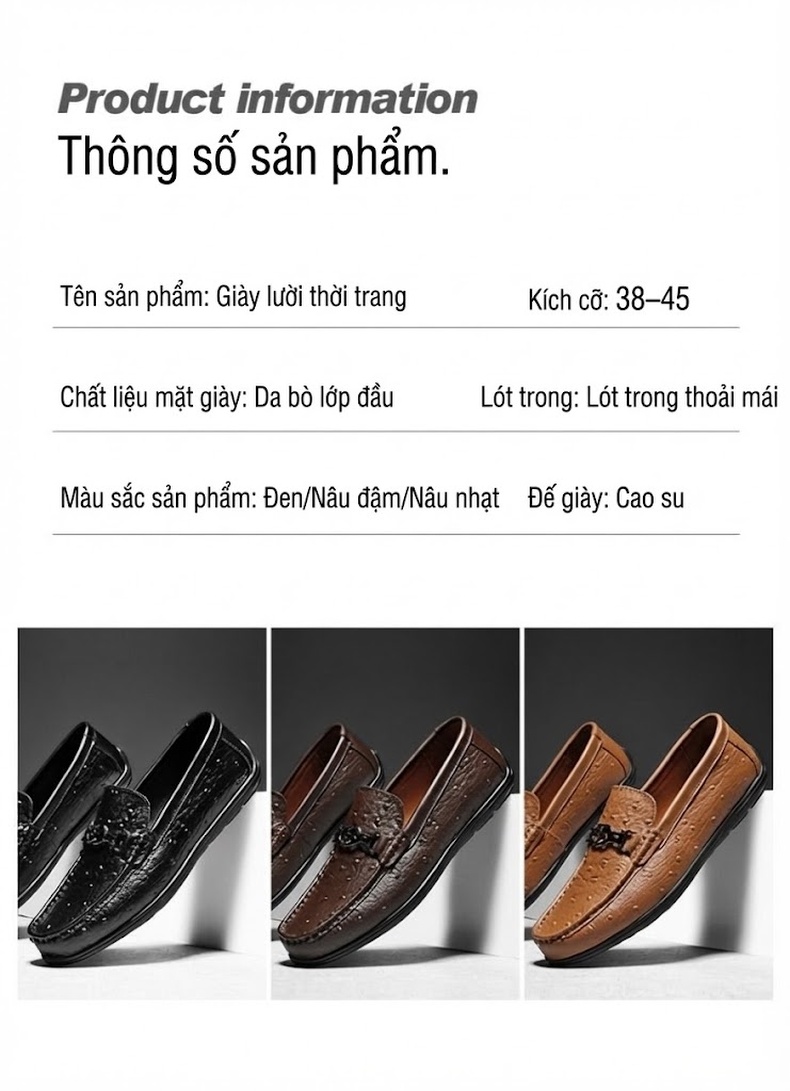 Giày Lười Nam Da Bò Chiều Cao Đế Khoảng 2cm Màu Đen, Nâu chi tiết 5